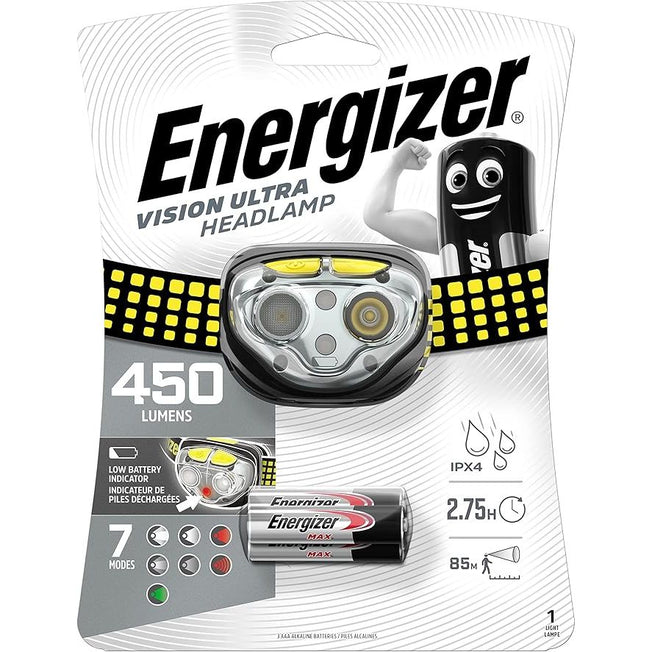 Energizer Vision HD Ultra, Powerful Bright Headlamp, 450 Lumens for Hands-Free Indoor and Outdoor Actvities, Batteries Included